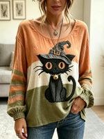 Funny Cat Halloween Pattern Art Casual Stylish Long Sleeve Cotton Linen Shirt