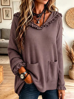 Vintage Elegant Waffle Knit Ruffled Pockets Hoodie Shirt