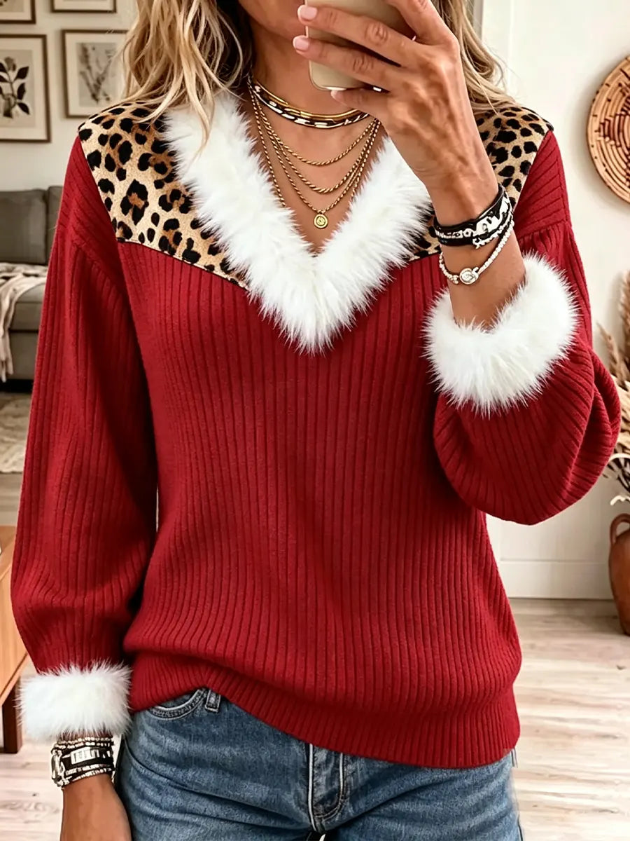 Vintage Elegant Leopard Print Patchwork Fur Collar Knit Shirt