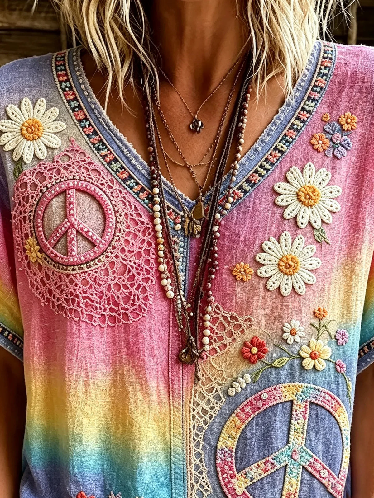 Women's Rainbow Gradient Tie-Dye Lace Daisy Peace Sign Embroidery V-Neck Top