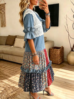 Women Denim Lace Spliced Floral Patchwork Ruffle Midi Dress