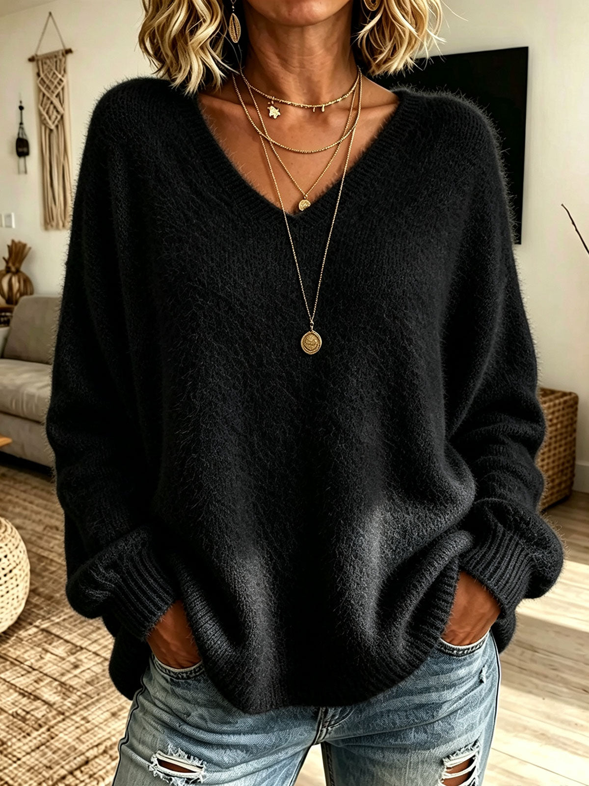Women V‑Neck Fuzzy Plush Oversized Long Sleeve Knit Sweater