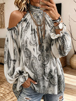 Boho Paisley Print Cold‑Shoulder Blouse Ruffled High Neck Long Sleeve Top