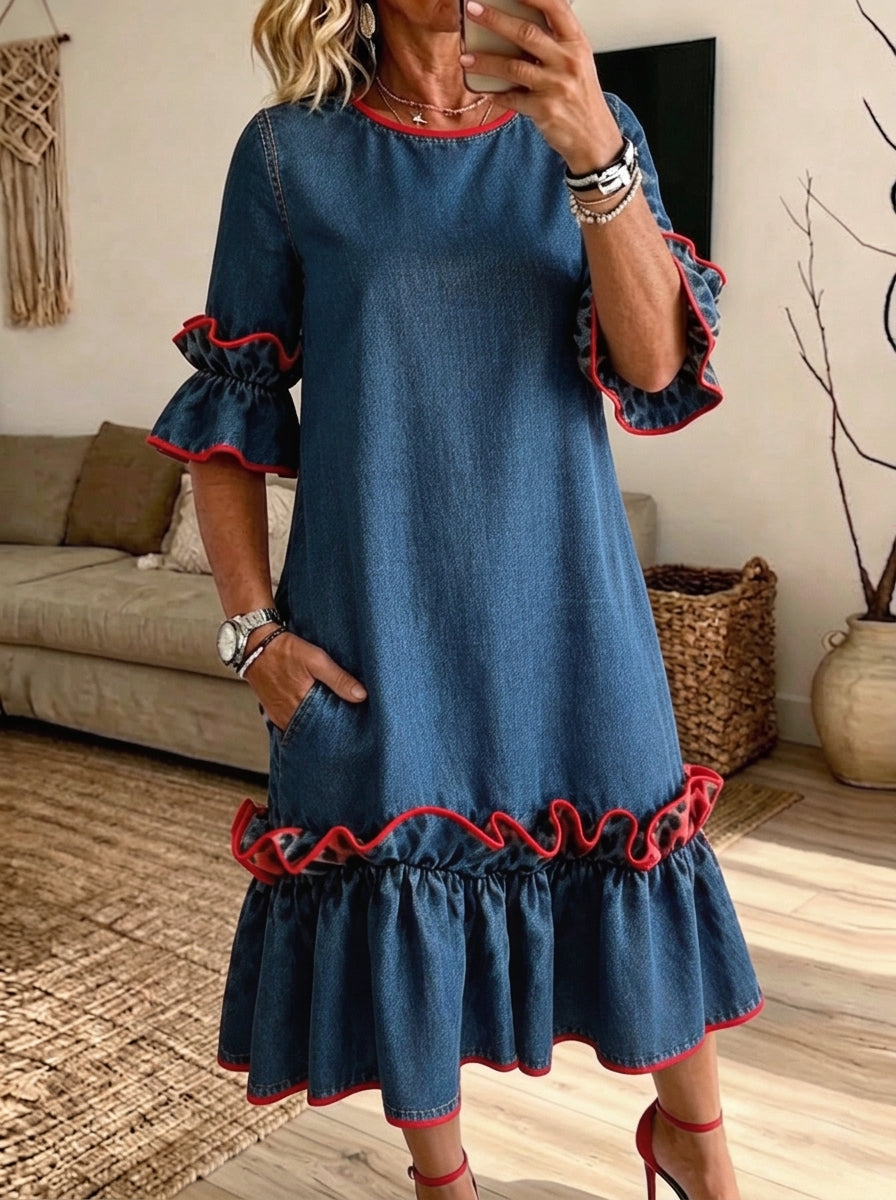 Red Trim Ruffle Bell Sleeve Denim Midi Dress With Pockets