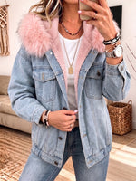 Faux Fur Hooded Lined Denim Jacket Button‑Up Warm Winter Jean Coat