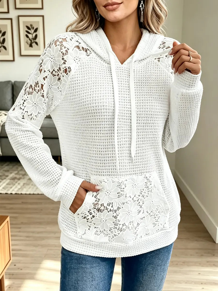 Retro Floral Lace Patchwork Art Casual Stylish Long Sleeve Hooded Shirt