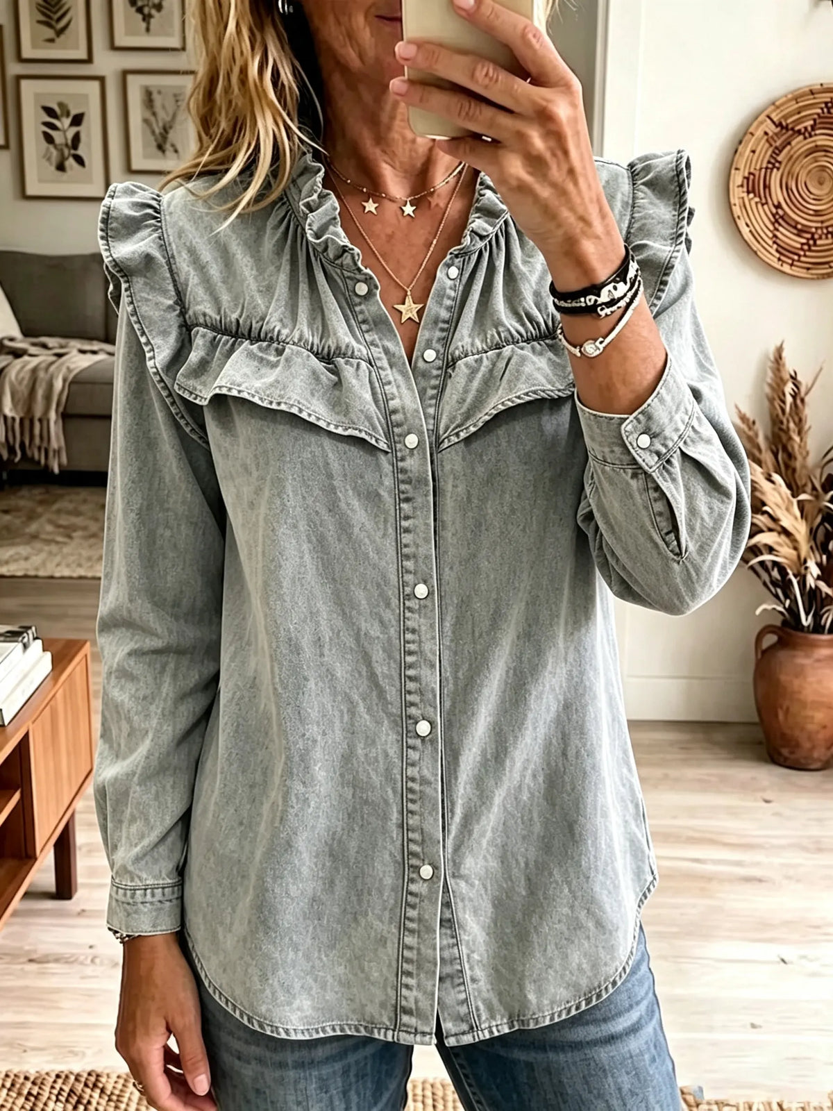 Women's Ruffled Yoke Washed Denim Shirt