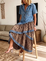 Women's Denim Leopard Patchwork Asymmetrical Tiered Maxi Dress With Pockets