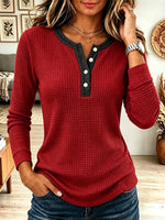 Women's Contrast Trim Button Henley Waffle Knit Top