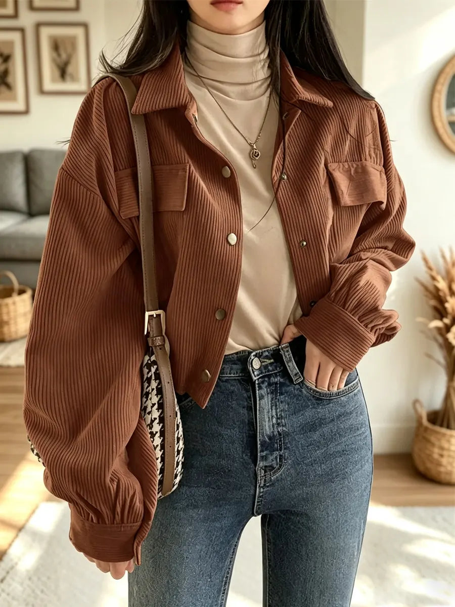 Retro Lapel Art Casual Corduroy Stylish Long Sleeve Short Coat