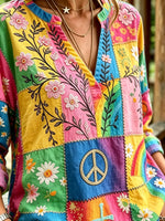 Women's Color Patchwork Daisy Peace Sign Embroidery V-Neck 3/4 Sleeve Top