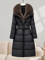 Detachable Faux Fur Hood Belted Long Puffer Coat, Women Winter Warm Quilted Outerwear