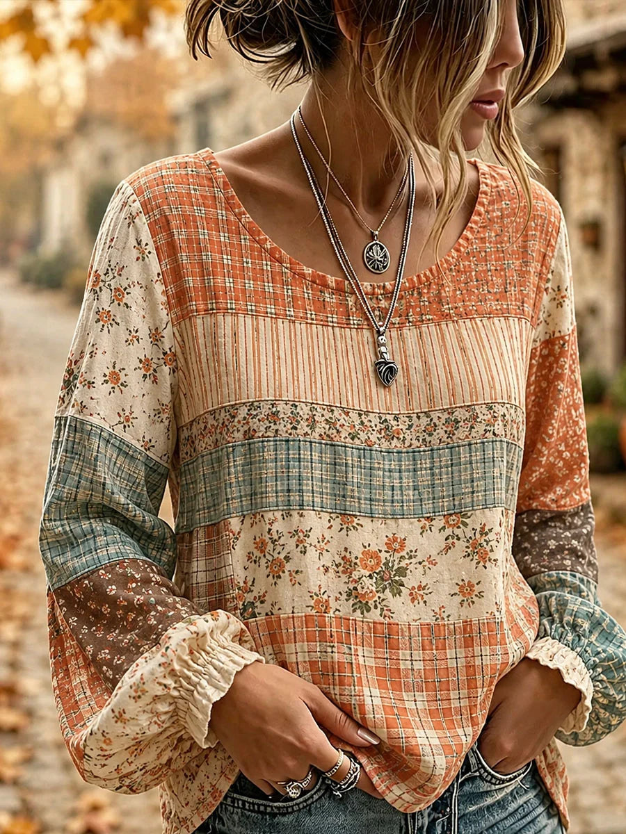 Women's Floral Plaid Striped Patchwork Tunic Blouse