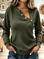 Women's Olive Green Ribbed Knit Asymmetric Henley Top with Gold Buttons