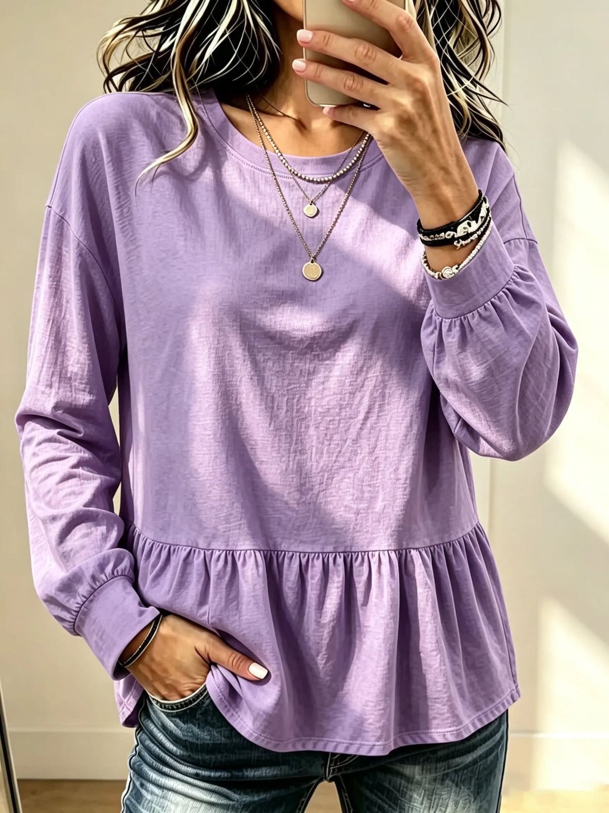 Women's Ruffled Peplum Long Sleeve Top