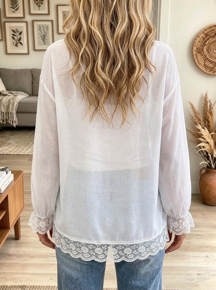 Women's Beaded Snowman Graphic Print Lace Blouse