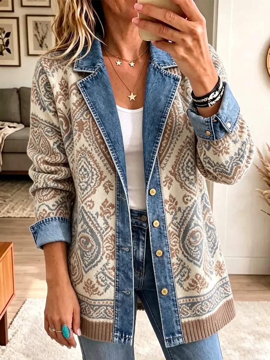 Retro Ethnic Pattern Art Casual Denim Patchwork Stylish Long Sleeve Coat