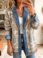 Retro Ethnic Pattern Art Casual Denim Patchwork Stylish Long Sleeve Coat