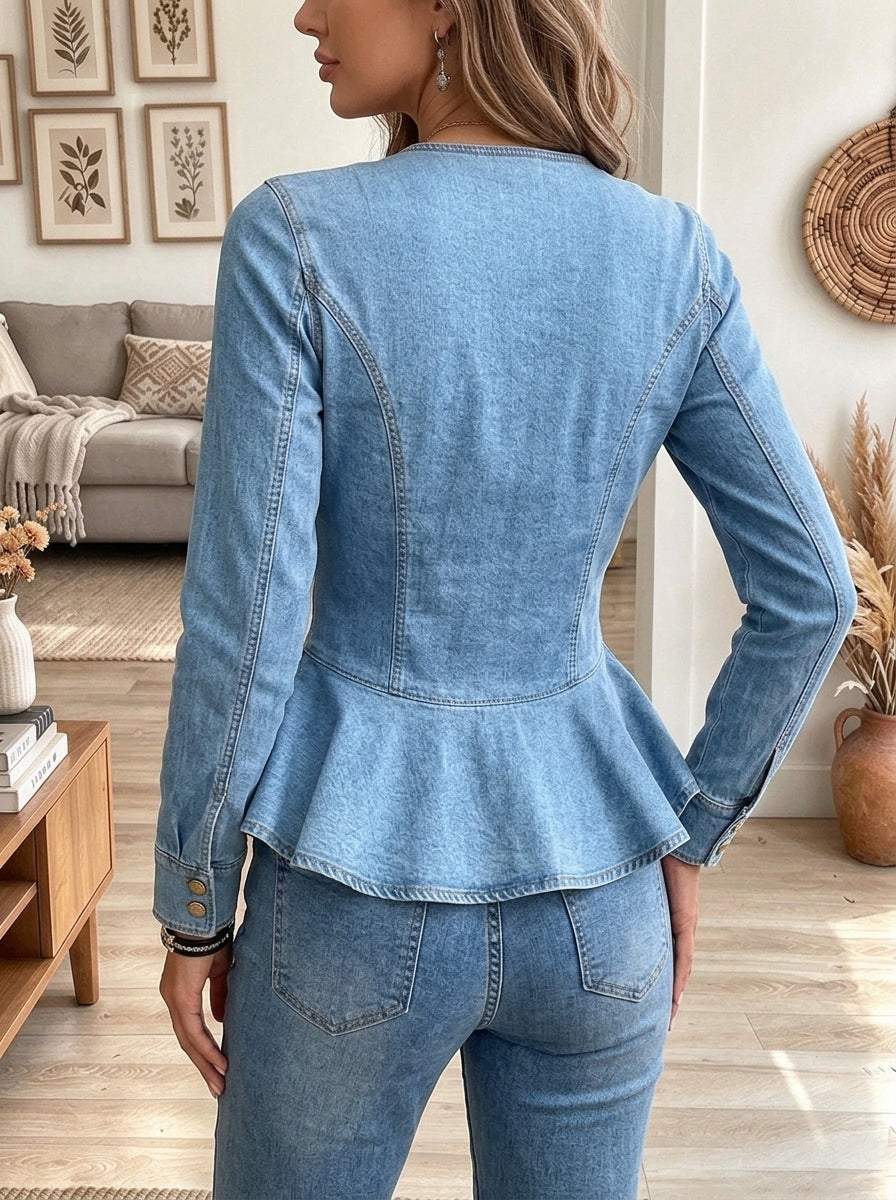 Women's Denim Asymmetric Button-Up Peplum Top with Large Gold Buttons