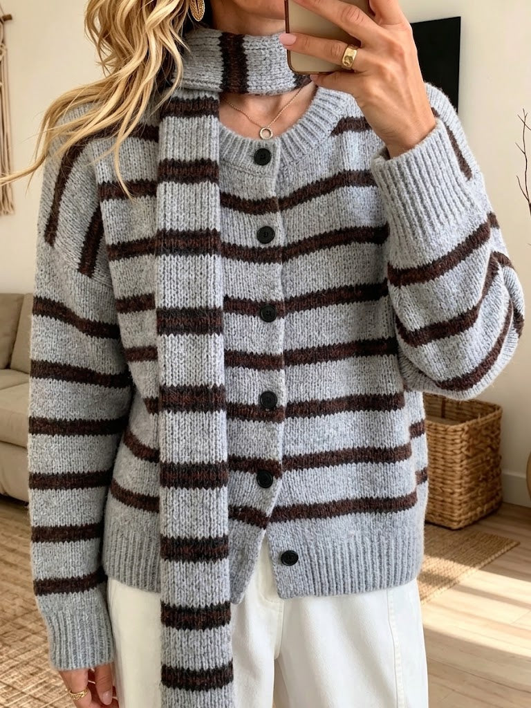 Women Button‑front Loose Striped Knit Cardigan Sweater With Matching Scarf Set,