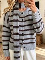 Women Button‑front Loose Striped Knit Cardigan Sweater With Matching Scarf Set,