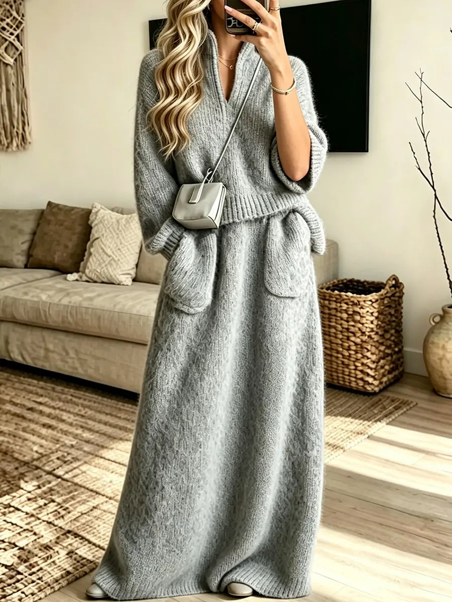 Women's Retro V-neck Zipper Knit Top And Knit Skirt Two-piece Set