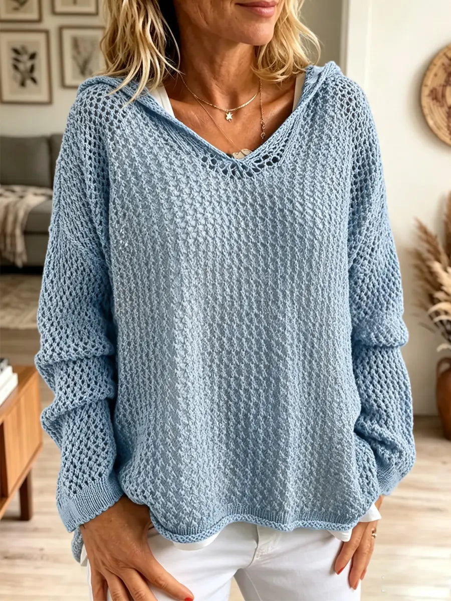 Retro Solid Color Loose Hooded Art Casual Stylish Long Sleeve Knitted Top