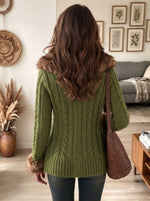 Women's Olive Green Cable Knit Cardigan with Plush Faux Fur Collar and Cuffs