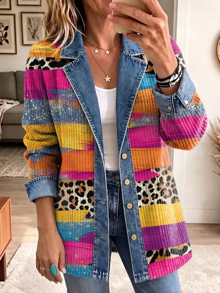 Retro Leopard Color Pattern Art Casual Denim Patchwork Stylish Long Sleeve Coat