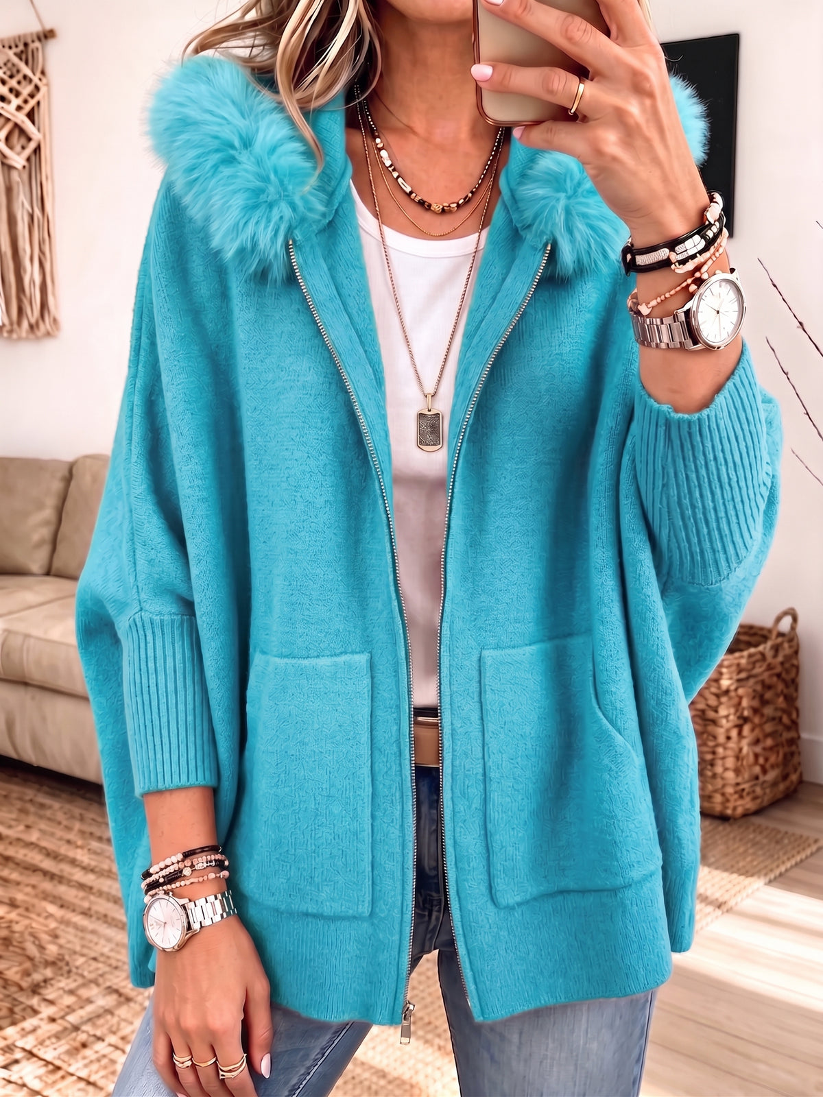 Women Furry Hood Zip‑Up Knit Cardigan, Oversized Cozy Knitted Jacket With Pockets