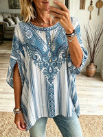 Women's Ethnic Geometric Stripe V-neck Wide Sleeve Top