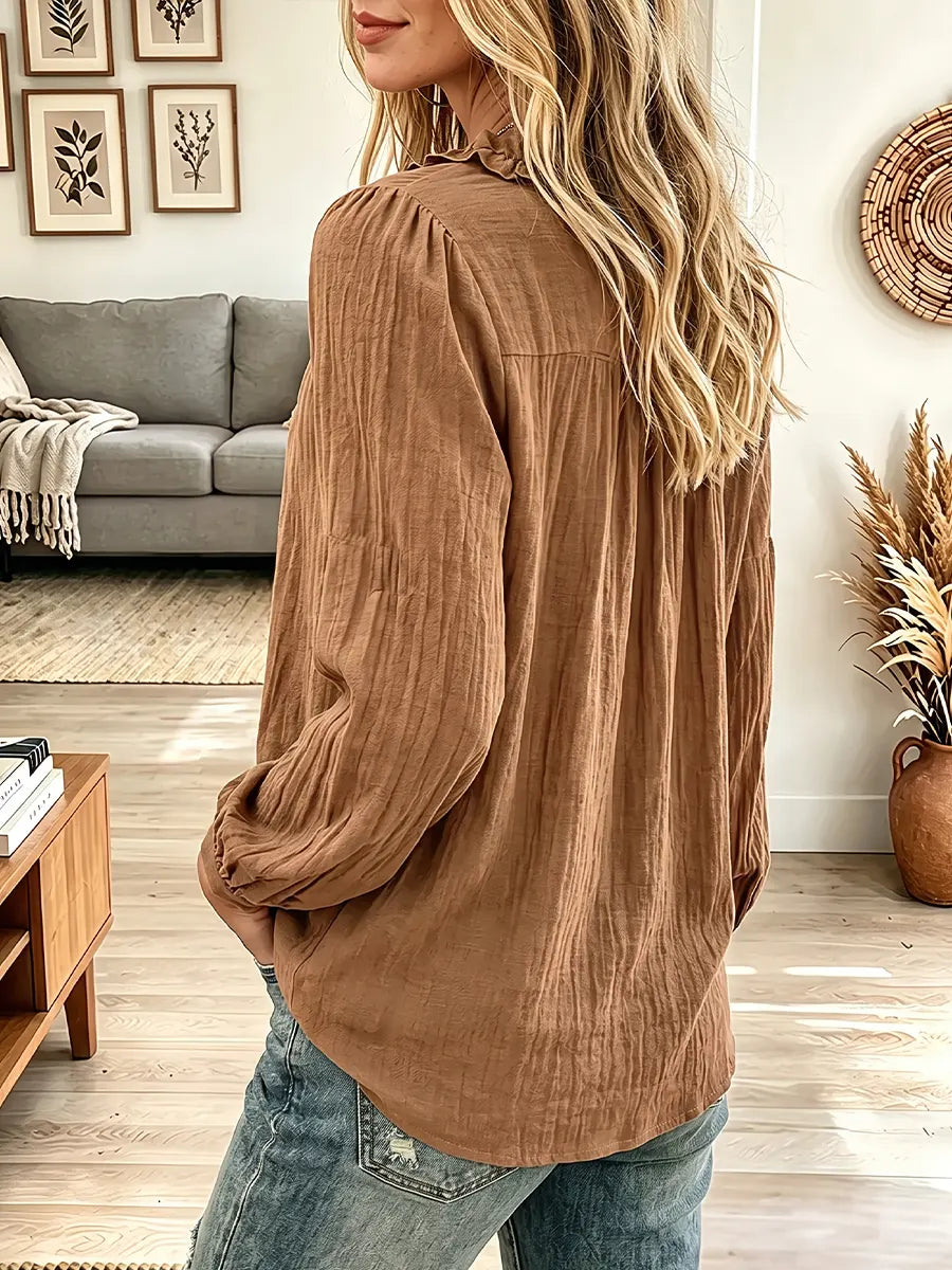 Vintage Elegant Cotton Linen Ruffle Shirt