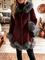 Hooded Faux Fur Contrast Trim Mid‑Length Coat Women Warm Winter Outerwear