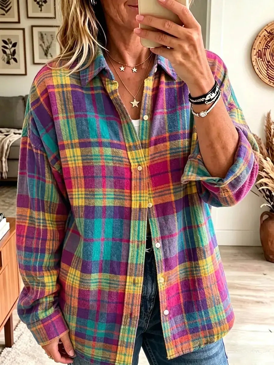 Retro Plaid Pattern Art Print Casual Stylish Long Sleeve Cotton Linen Shirt