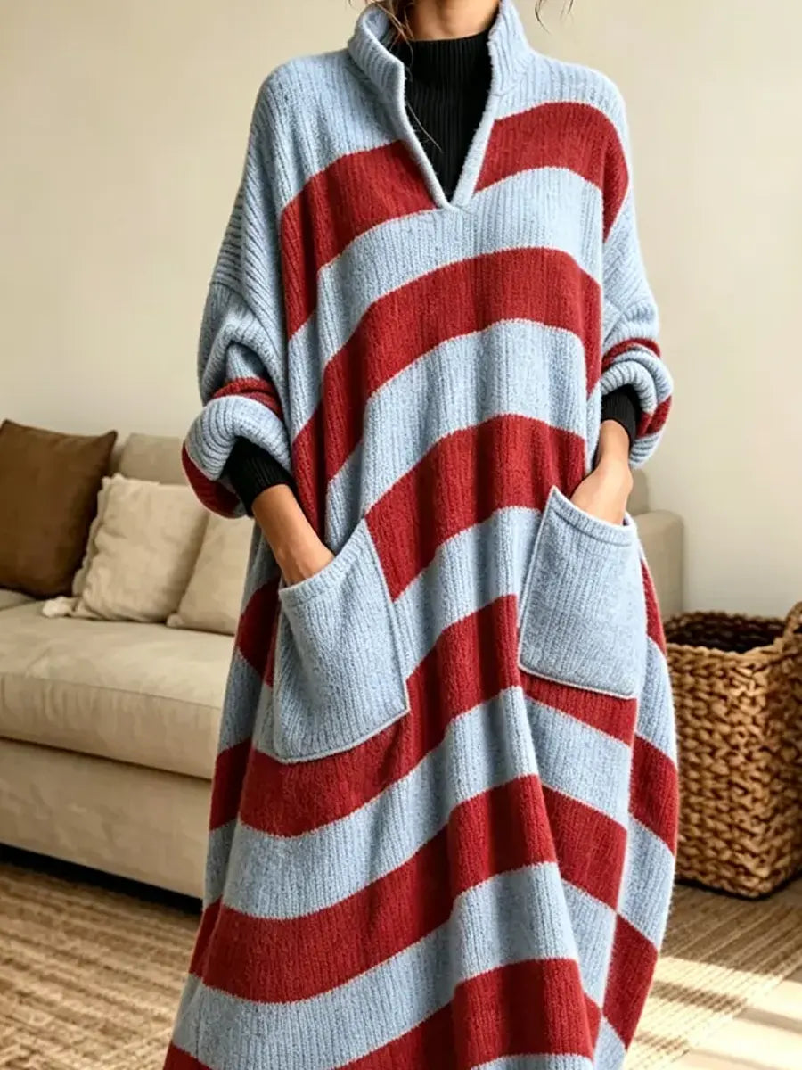 Retro Stripe Pattern Art Casual Stylish Long Sleeve Knit Sweater Maxi Dress