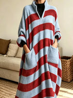 Retro Stripe Pattern Art Casual Stylish Long Sleeve Knit Sweater Maxi Dress