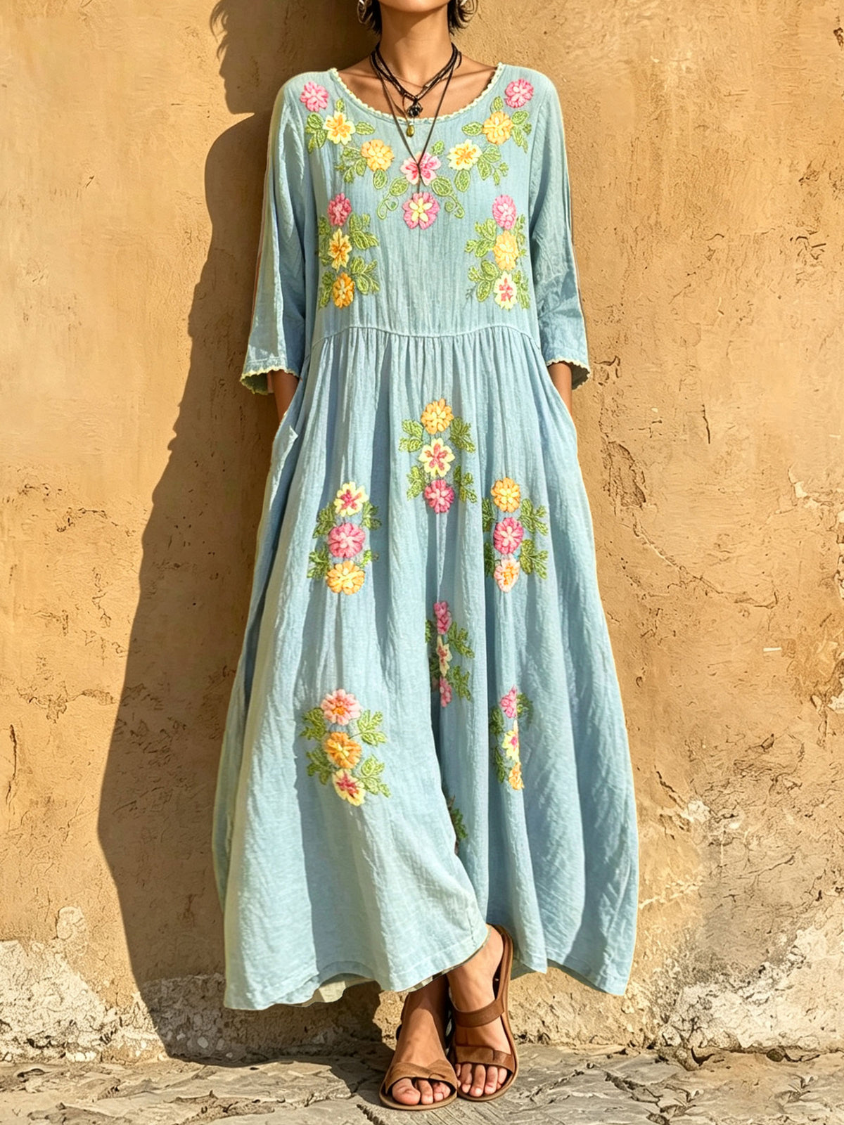 Women's Three Quarter Sleeve Floral Embroidery Print Lace Trim Tiered Maxi Dress