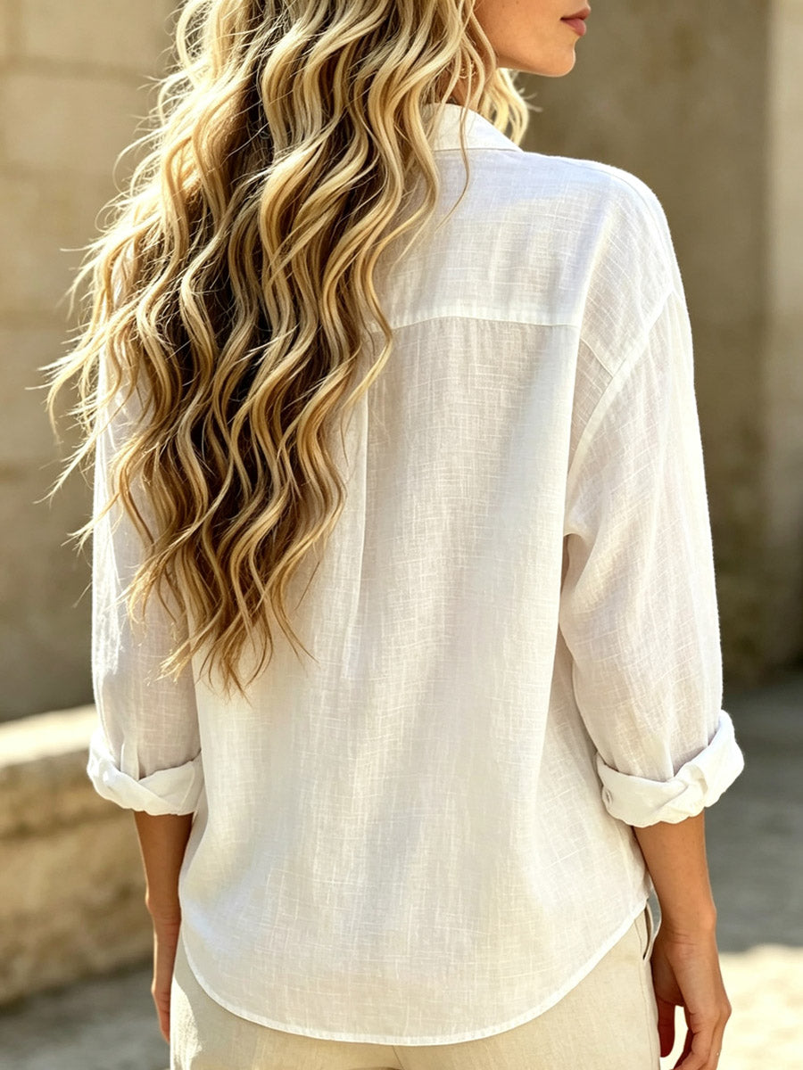 Women's Solid Color Lapel Long Sleeve Cotton And Linen Shirt