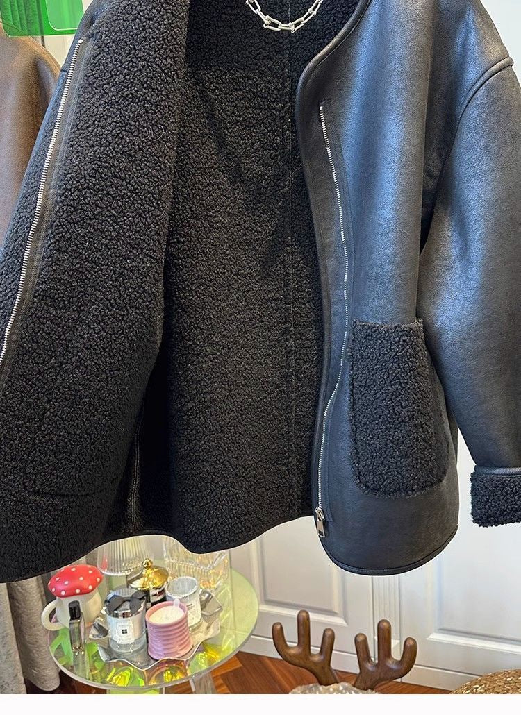 Women Drop Shoulder Pocket Vintage Faux Leather Sherpa Lined Zip JacketOuterwear