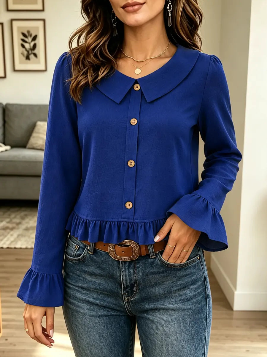 Retro Ruffle Peter‑pan Collar Art Casual Stylish Long Sleeve Shirt