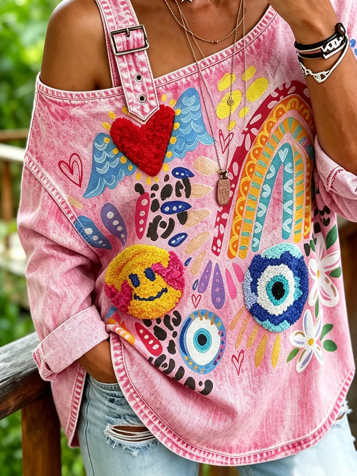 Women's Cartoon Rainbow Heart Evil Eye Smiley Print One Cold Shoulder Long Sleeve Washed Shirt