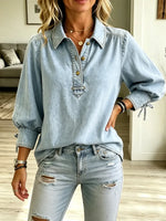 Retro Bow Art Casual Stylish Long Sleeve Lapel Denim Shirt