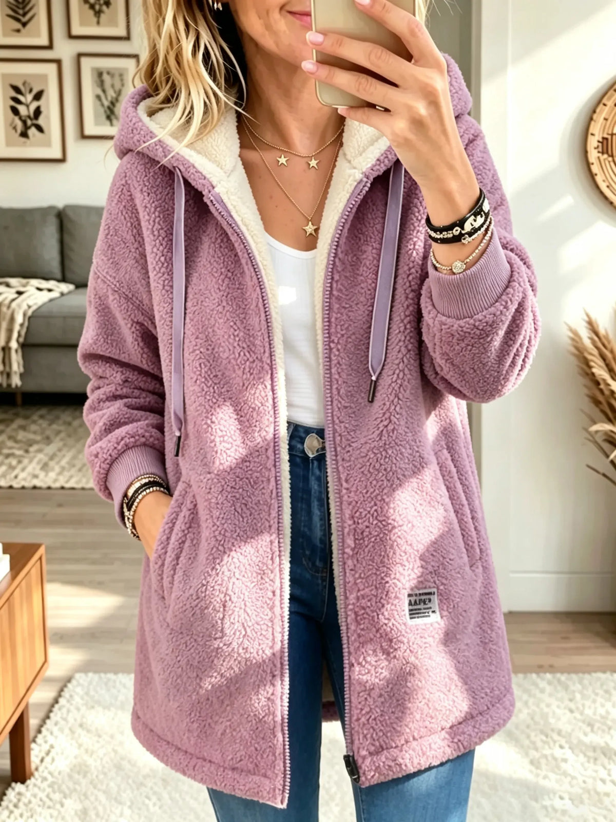 Women's Plush Sherpa Hooded Zip-Up Coat