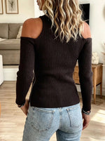 Women's Cold-Shoulder Button Front Ribbed Knit Top