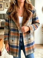 Retro Plaid Pattern Art Casual Fur Patchwork Stylish Long Sleeve Coat
