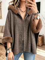Faux Fur Trim Hooded Tweed Cape Coat, Women Loose Batwing Sleeve Poncho Outerwear