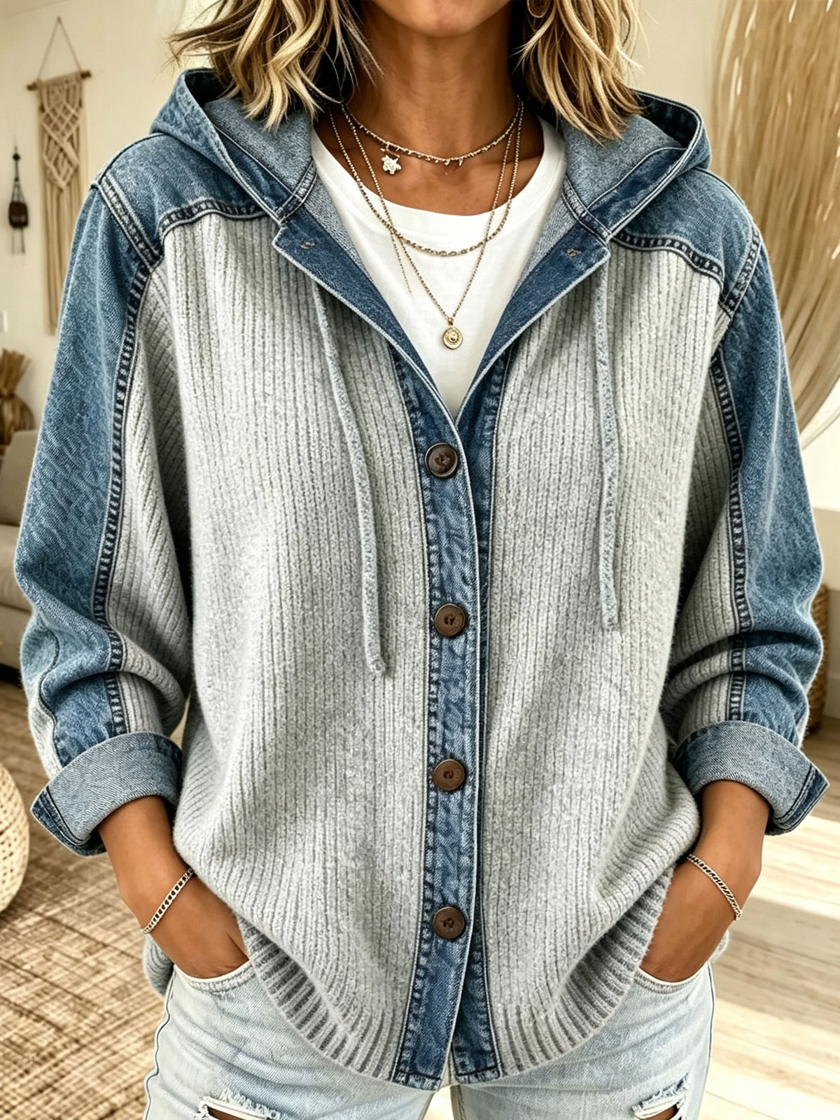 Women Denim Splice Knit Hooded Jacket Button Down Long Sleeve Casual Coat