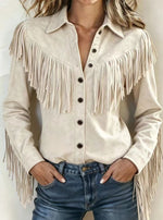 Western Fringe Trim Faux Suede Shirt Jacket, Women Collar Button‑Up Long Sleeve Shacket
