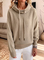 Drawstring Cowl Neck Waffle Knit Hooded Sweater Women Loose Pullover