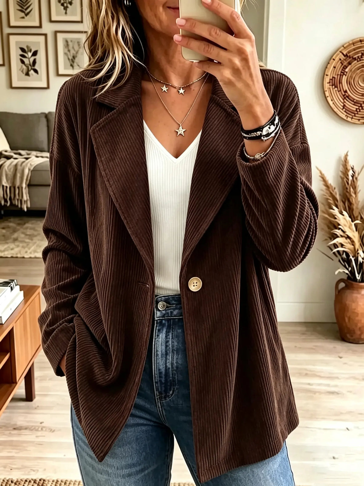 Women's Single-Button Oversized Corduroy Blazer